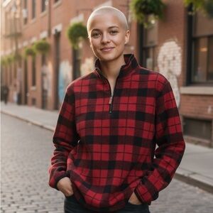 Men's Red and Black Plaid Half-Zip Jacket